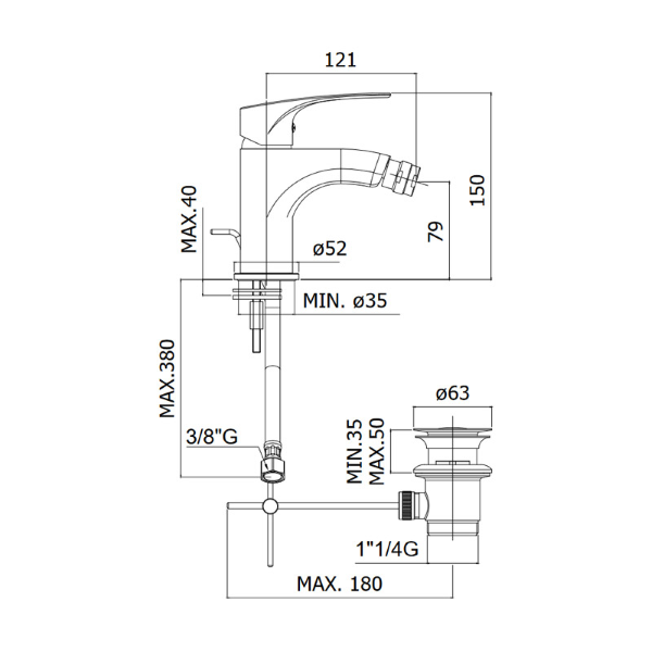 armatura za bide lime s sifonom, lm135cr, paffoni