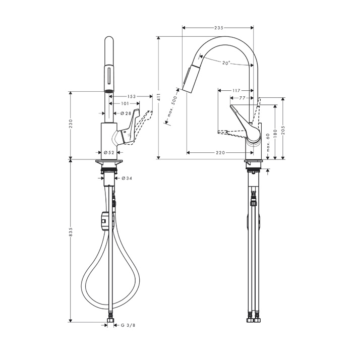 armatura za kuhinjo izvlečna cento xl, 14803000, hansgrohe