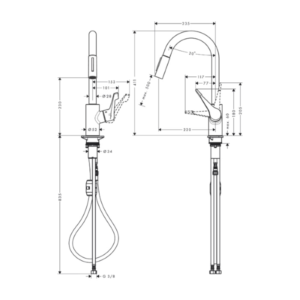 armatura za kuhinjo izvlečna cento xl, 14803000, hansgrohe