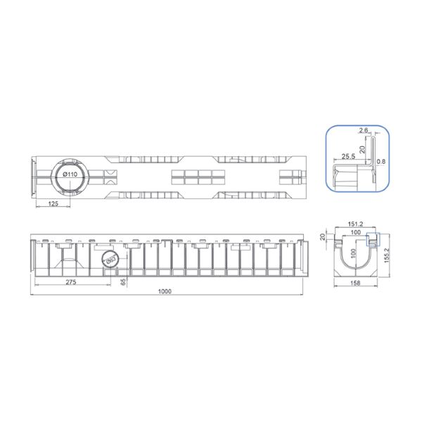 cestna kanaleta z ltž rešetko c250, 158x154x1000mm, mufle smart 100 cestna kanaleta z ltž rešetko c250, 158x154x1000mm, mufle smart 100