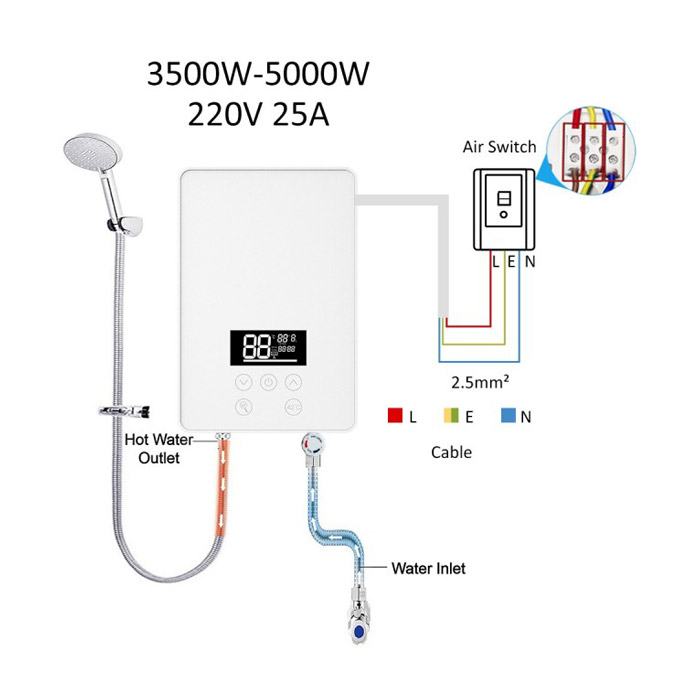 električni grelnik za vodo pretočni 4500w 32-55°c ipx4, lcd, na dotik