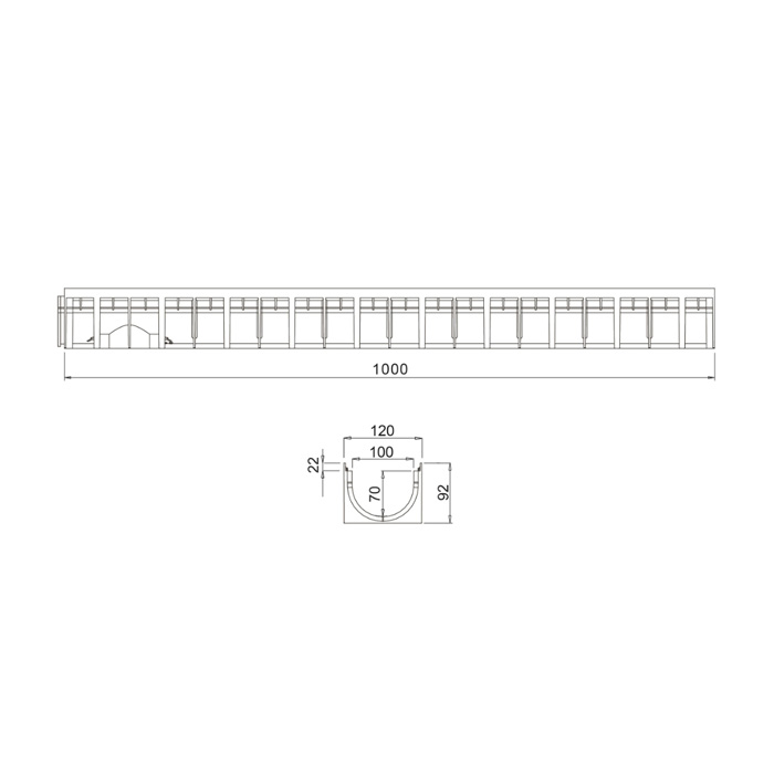 kanaleta s pocinkano rešetko a15, talni izliv, 120x92x1000mm, mufle 4all