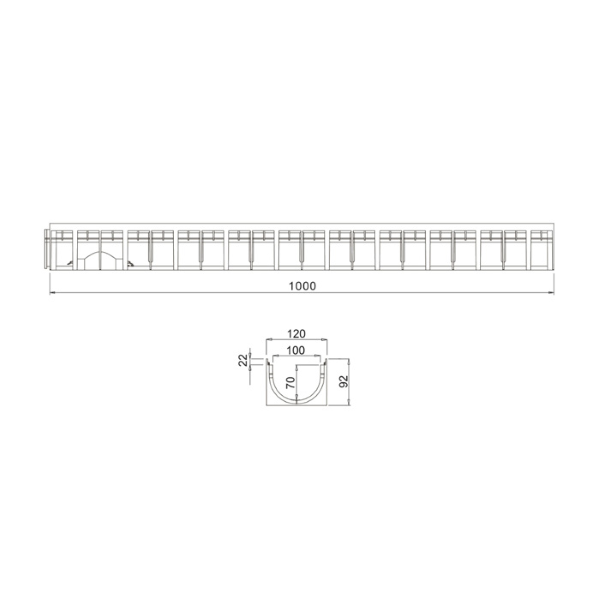 kanaleta s pocinkano rešetko a15, talni izliv, 120x92x1000mm, mufle 4all