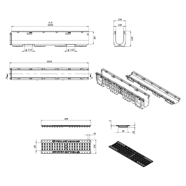 kanaleta z ltž rešetko hext120, povozna c250 156x120x1000mm, črna