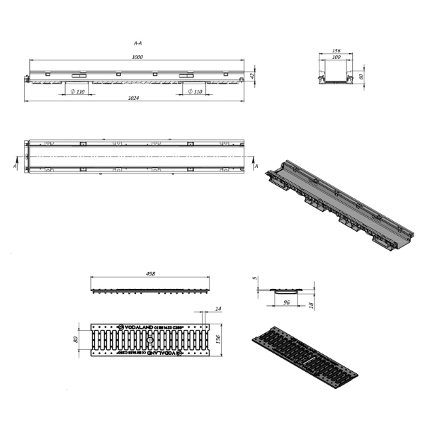 kanaleta z ltž rešetko hext60, povozna c250 156x60x1000mm, črna