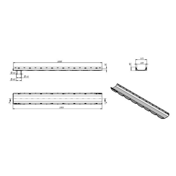 pp kanaleta s pocinkano rešetko, nizka, 1000x125x40mm a15 pp kanaleta s pocinkano rešetko, nizka, 1000x125x40mm a15