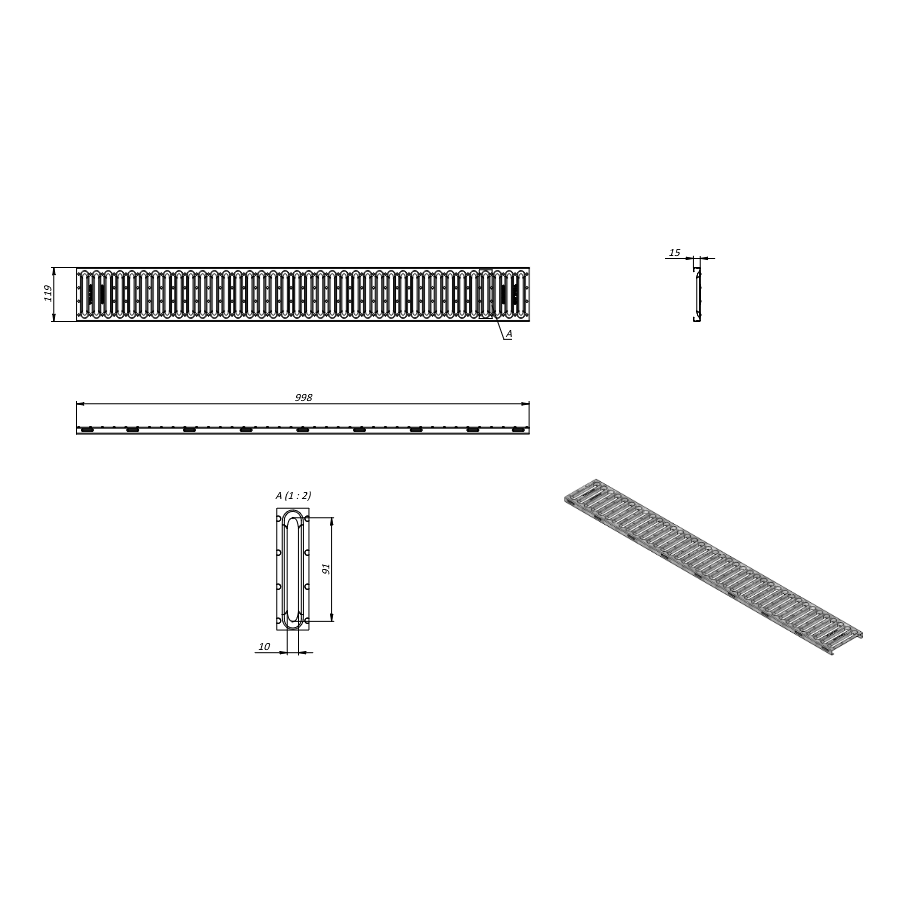 pp kanaleta s pocinkano rešetko, nizka, 1000x125x40mm a15, easylow