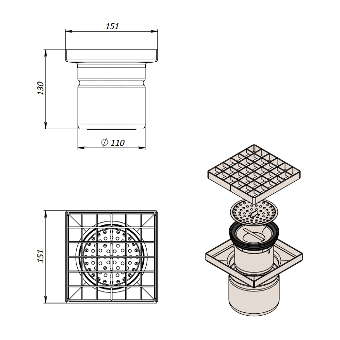talni sifon inox z nedrsečo rešetko 15x15cm fi 110mm vertikalni odtok