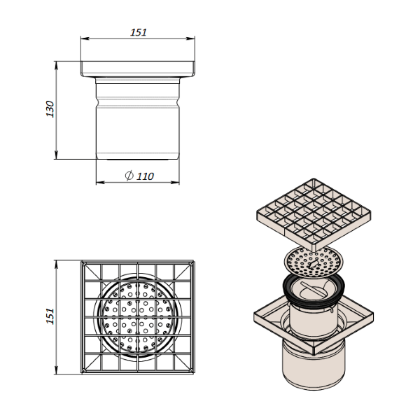 talni sifon inox z nedrsečo rešetko 15x15cm fi 110mm vertikalni odtok