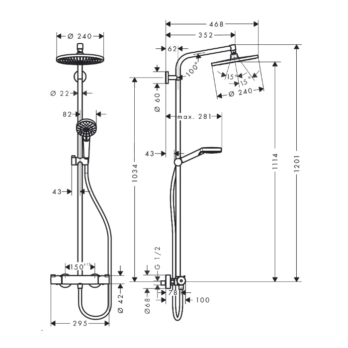 termostatski tuš set nadglavni crometta s 240 1jet, 27267000, hansgrohe