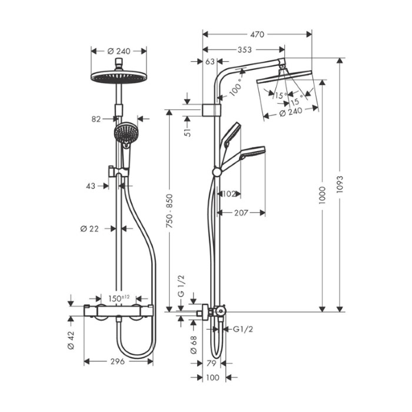 termostatski tuš set nadglavni crometta s 240, 26781000, hansgrohe + zvočnik