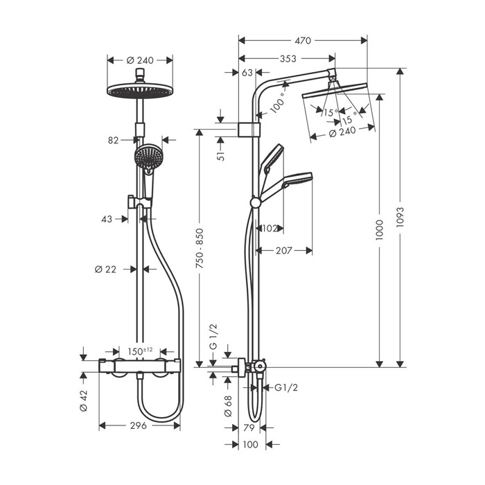 termostatski tuš set nadglavni crometta s 240 varia, 26781000, hansgrohe